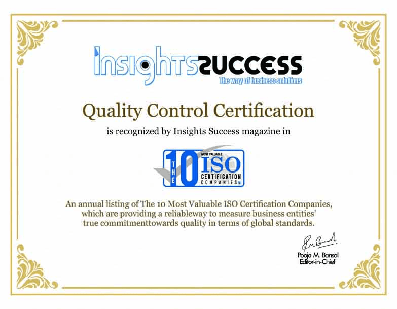 Insights Success magazine recognition awarded to Quality Control Certification