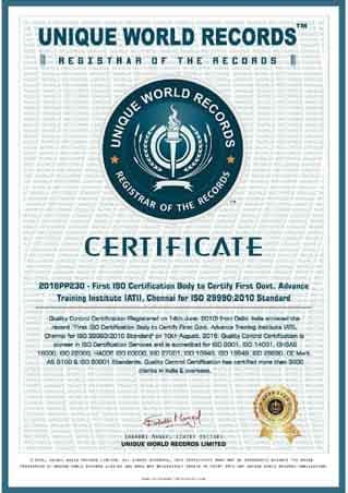 Unique World Records certificate awarded to Quality Control Certification