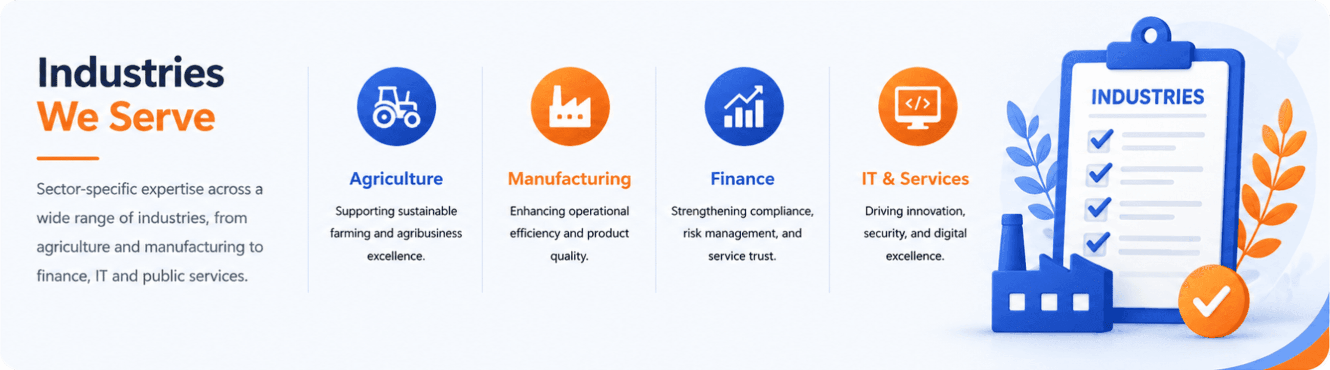 Industries We Serve — sector-specific expertise across a wide range of industries, from agriculture and manufacturing to finance, IT and public services.