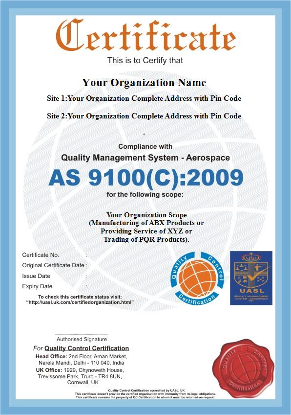 AS 9100 sample certificate