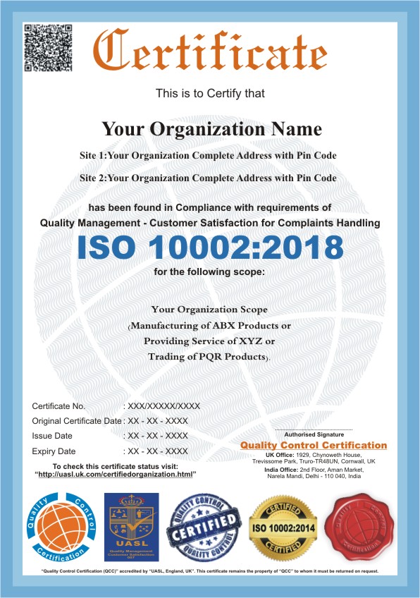 ISO 10002:2018 sample certificate