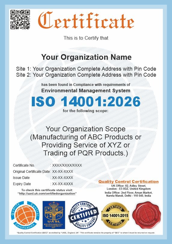 ISO 14001:2026 sample certificate