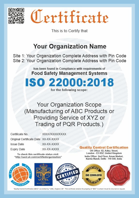 ISO 22000:2018 sample certificate