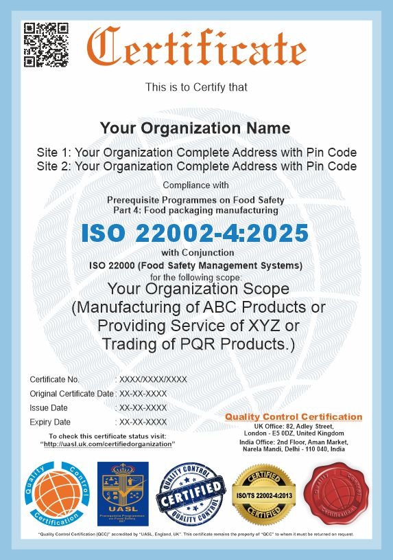 ISO 22002-4:2025 sample certificate