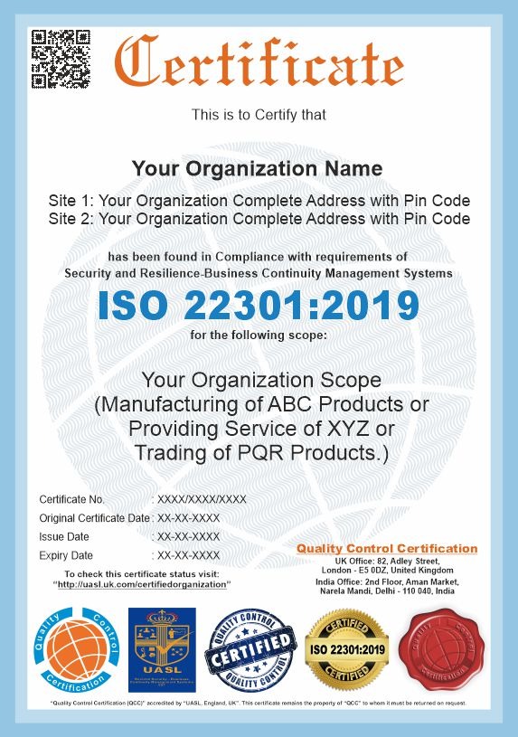 ISO 22301:2019 sample certificate