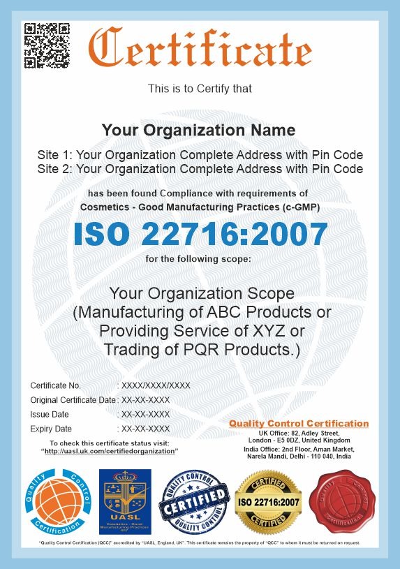 ISO 22716:2007 sample certificate