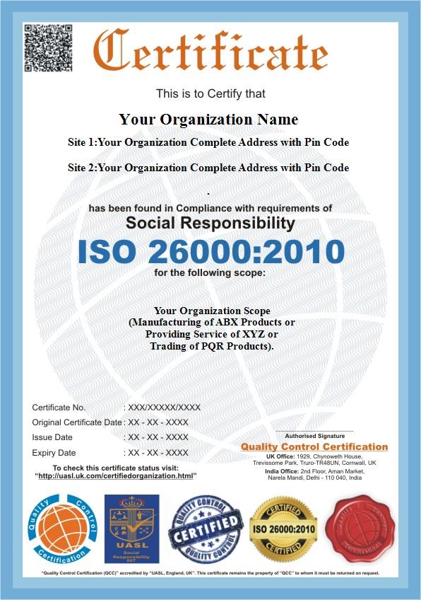 ISO 26000:2010 sample certificate