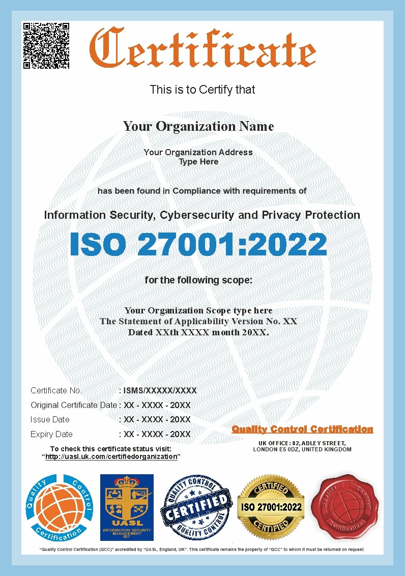 ISO 27001:2022 sample certificate