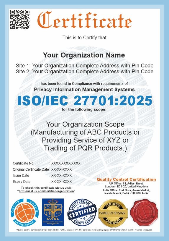 ISO/IEC 27701:2025 sample certificate